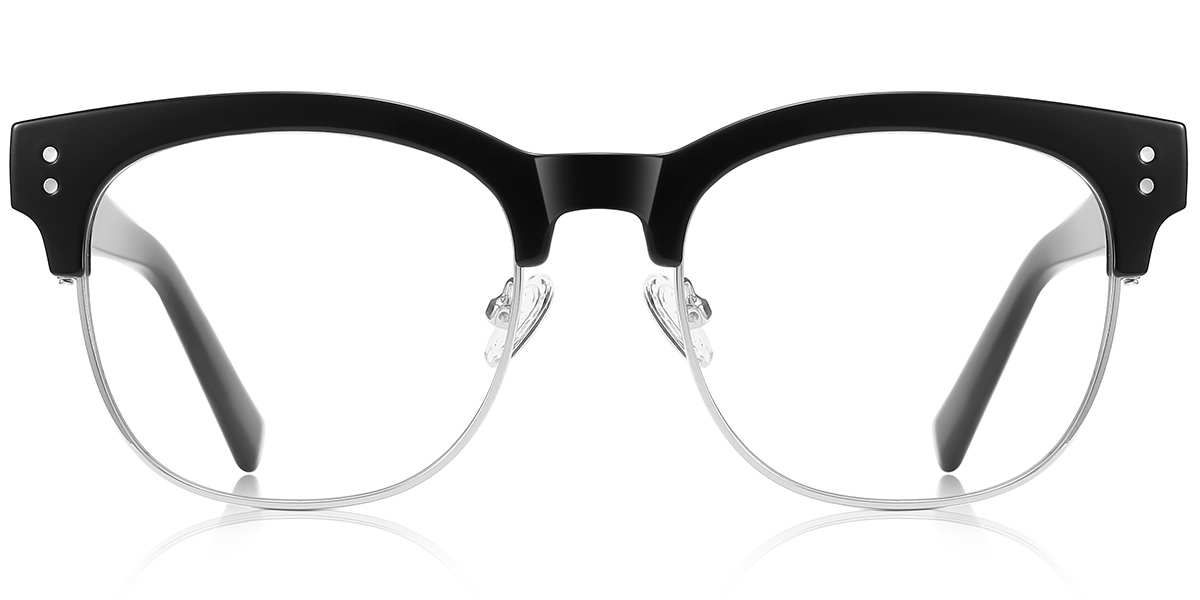 Round Browline Blue Light Blocking Glasses black-silver