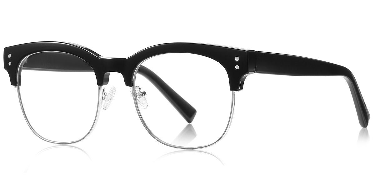 Round Browline Blue Light Blocking Glasses black-silver