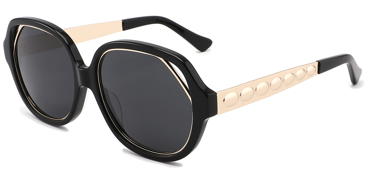 Acetate Square Geometric Sunglasses black+dark_grey_polarized