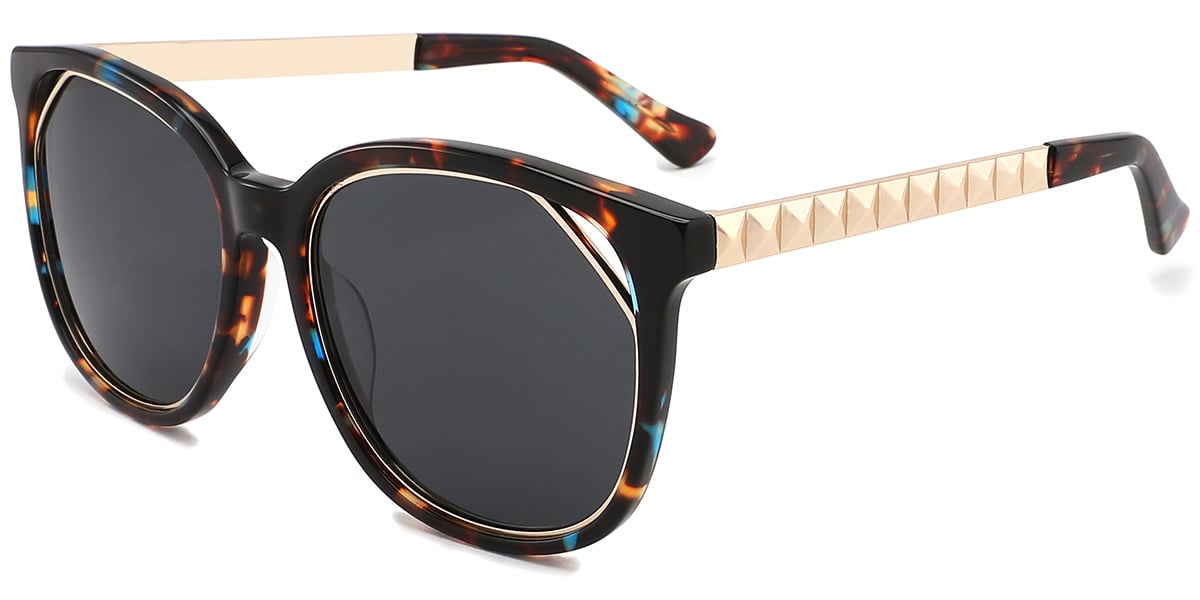 Acetate Square Geometric Sunglasses pattern-blue+dark_grey_polarized