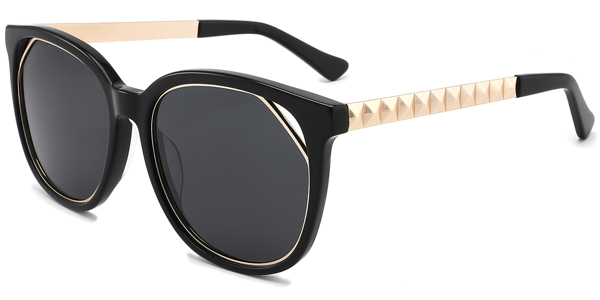 Acetate Square Geometric Sunglasses black+dark_grey_polarized