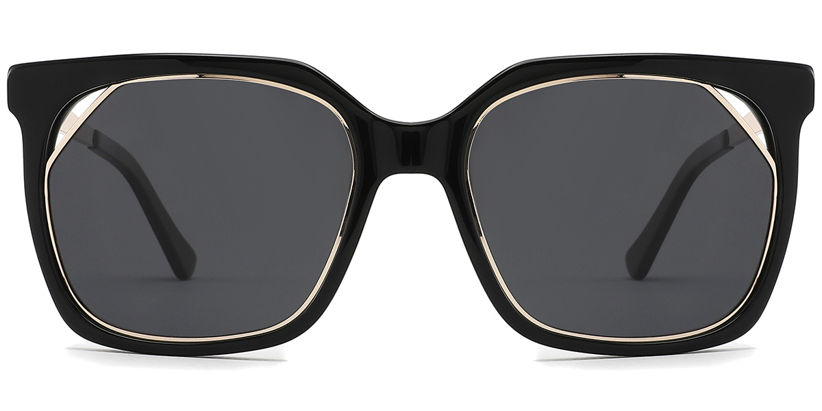 Acetate Square Geometric Sunglasses black+dark_grey_polarized