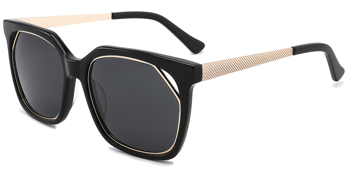 Acetate Square Geometric Sunglasses black+dark_grey_polarized