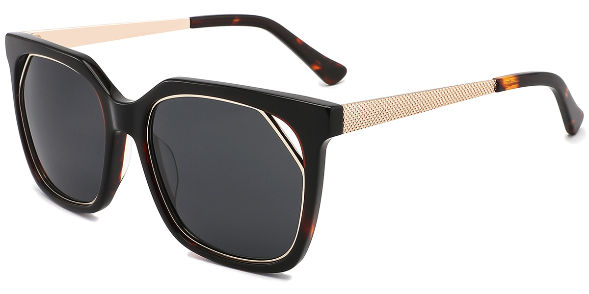 Acetate Square Geometric Sunglasses pattern-black+dark_grey_polarized