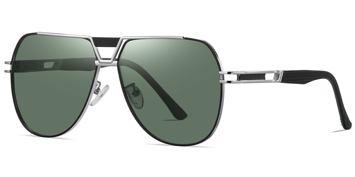 Men's Aviator Geometric Sunglasses black-silver+dark_green_polarized