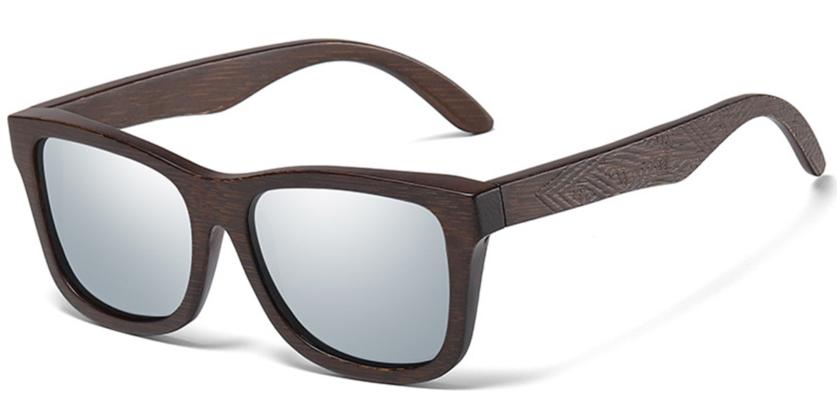 Square Sunglasses wood_texture-brown+mirrored_silver_polarized