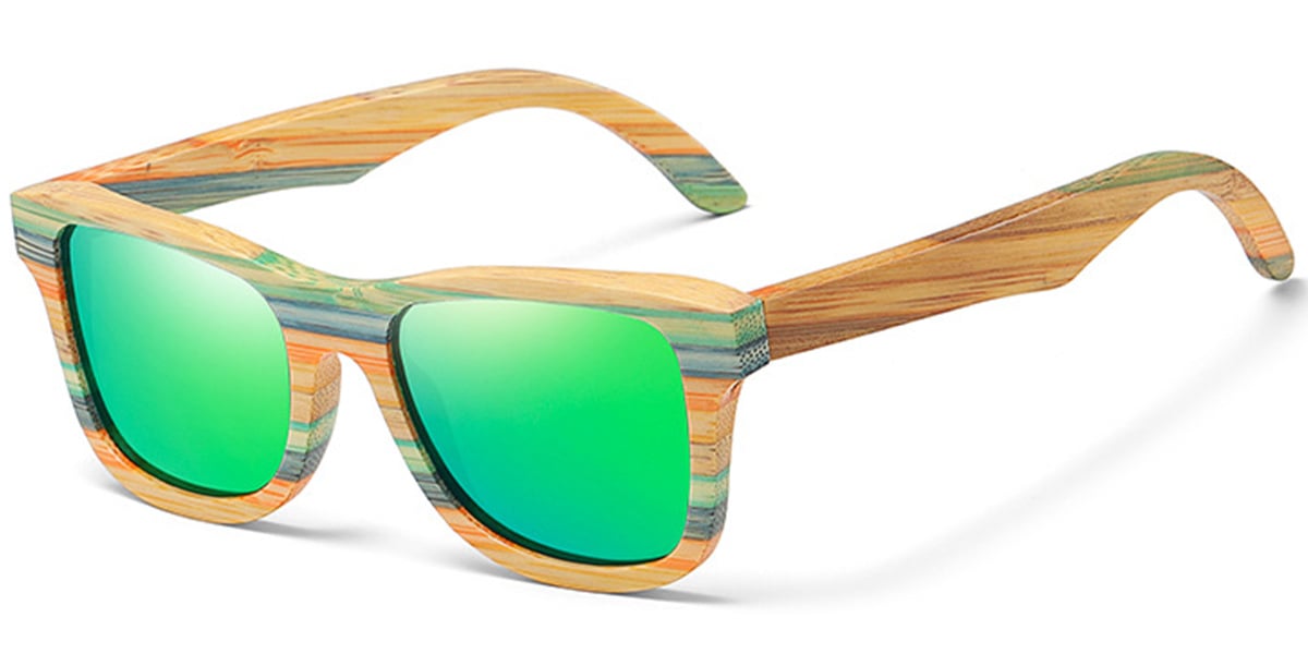 Square Sunglasses wood_texture-green+mirrored_green_polarized