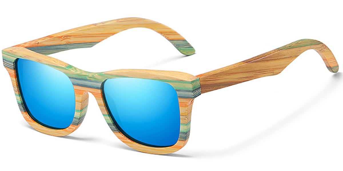 Square Sunglasses wood_texture-green+mirrored_blue_polarized