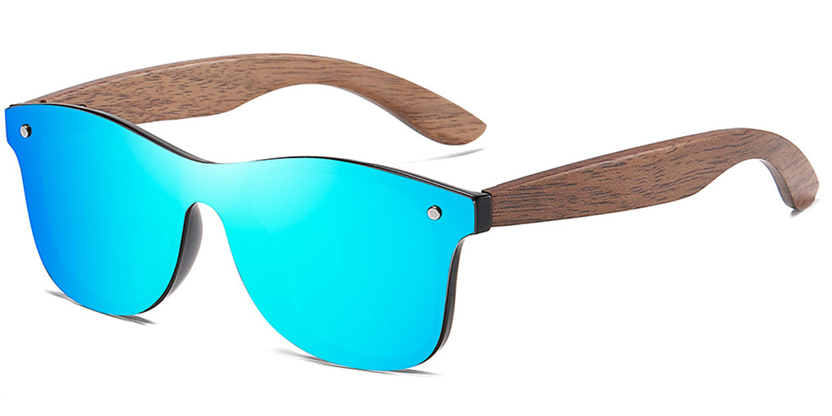 Geometric Sunglasses wood_texture-brown+mirrored_blue