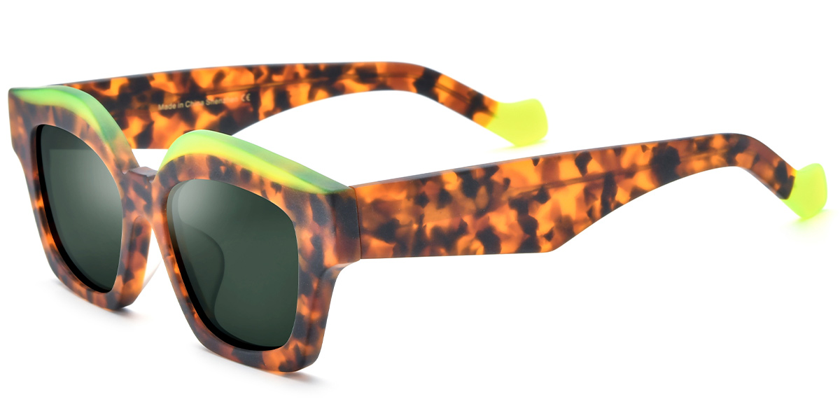 Acetate Square Geometric Sunglasses pattern-tortoiseshell+dark_green_polarized