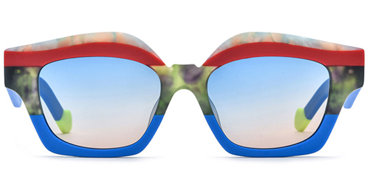 Acetate Square Geometric Sunglasses pattern-blue+blue-yellow_polarized
