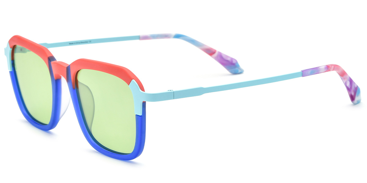 Acetate & Titanium Square Sunglasses pattern-blue+light_green_polarized