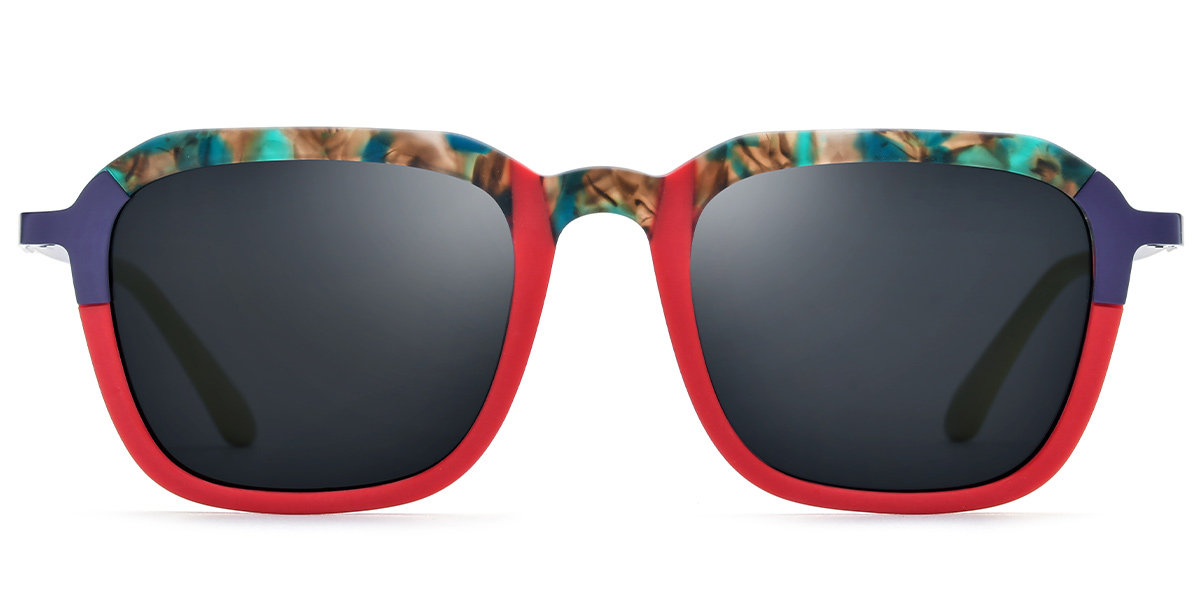 Acetate & Titanium Square Sunglasses pattern-red+dark_grey_polarized