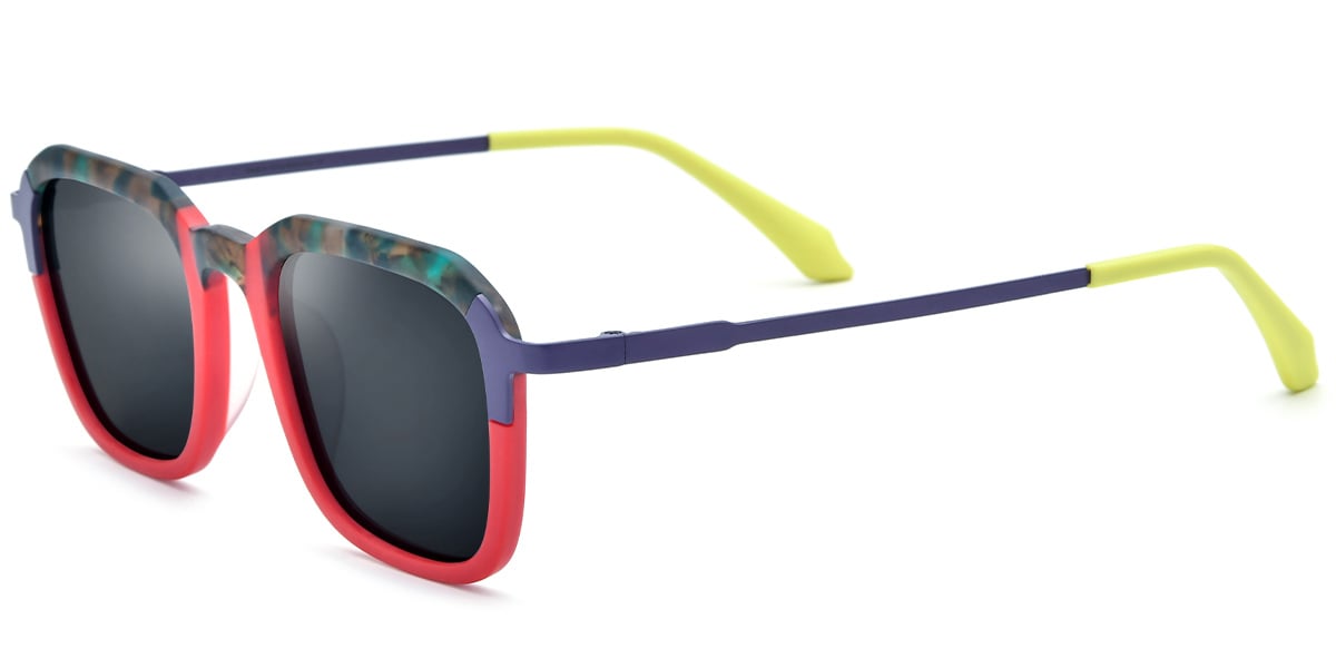 Acetate & Titanium Square Sunglasses pattern-red+dark_grey_polarized