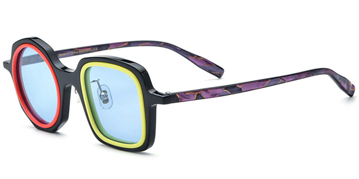 Acetate Square Round Sunglasses pattern-black+blue_polarized