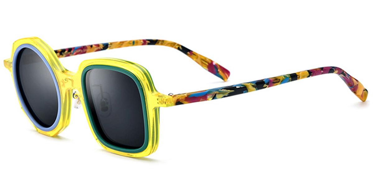 Acetate Square Round Sunglasses pattern-yellow+dark_grey_polarized