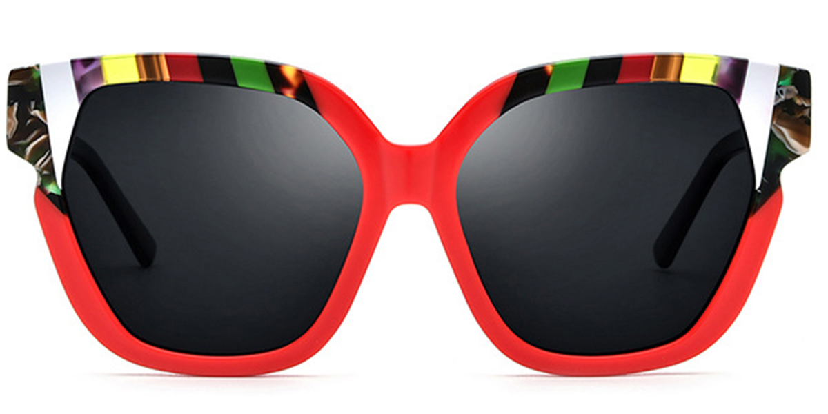 Acetate Square Cat Eye Sunglasses pattern-red+dark_grey_polarized