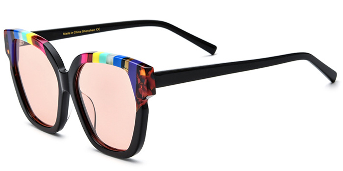 Acetate Square Cat Eye Sunglasses pattern-black+rose_polarized