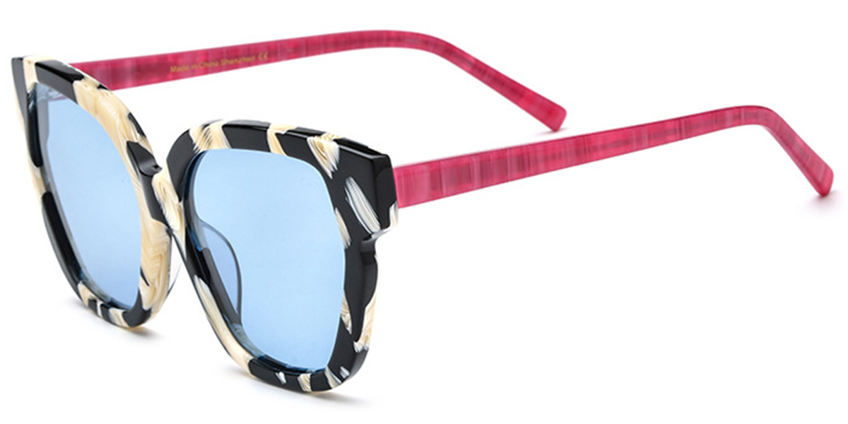 Acetate Square Cat Eye Sunglasses pattern-white+blue_polarized