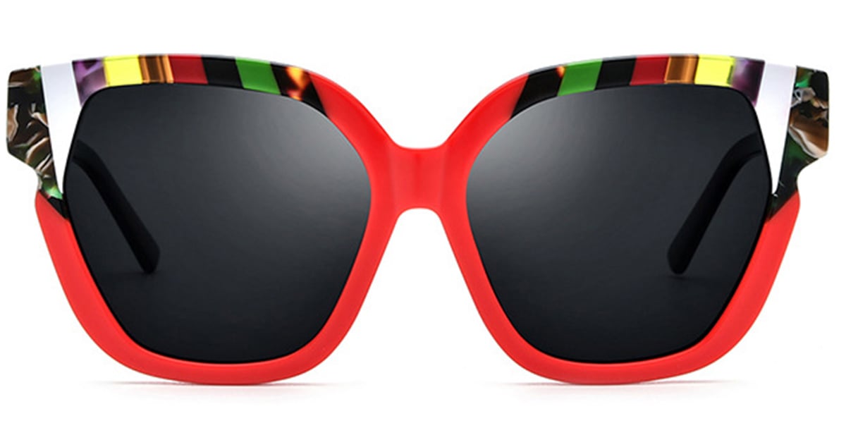 Acetate Square Cat Eye Sunglasses pattern-red+dark_grey_polarized