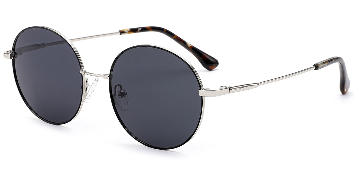 Round Sunglasses black-silver+dark_grey_polarized