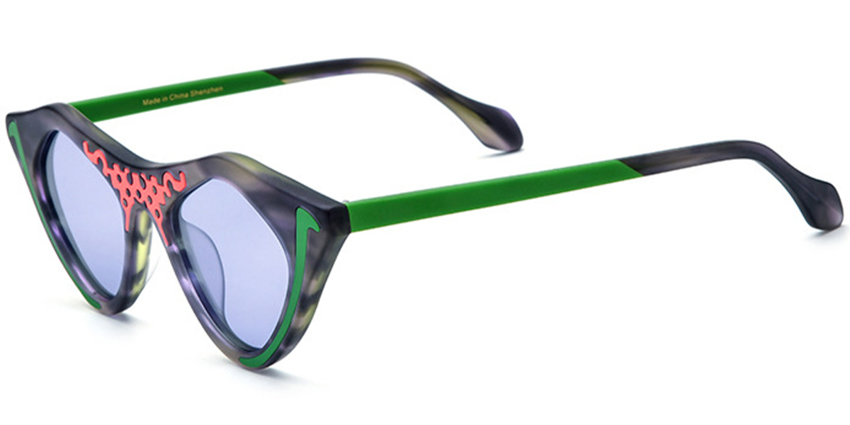 Acetate Cat Eye Geometric Sunglasses pattern-green+purple_polarized