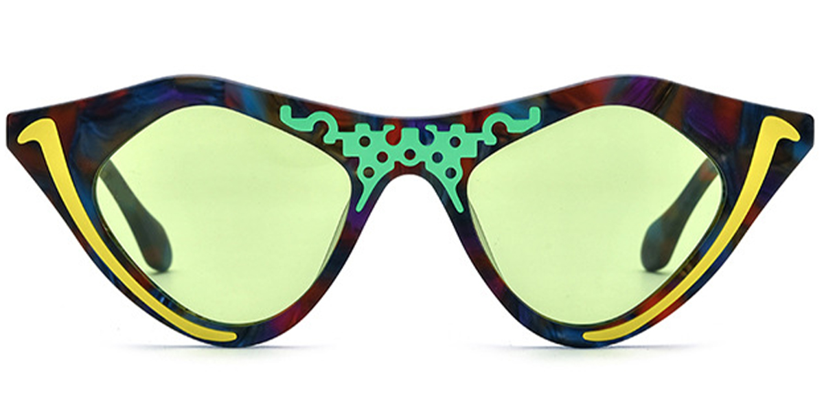 Acetate Cat Eye Geometric Sunglasses pattern-yellow+green_polarized