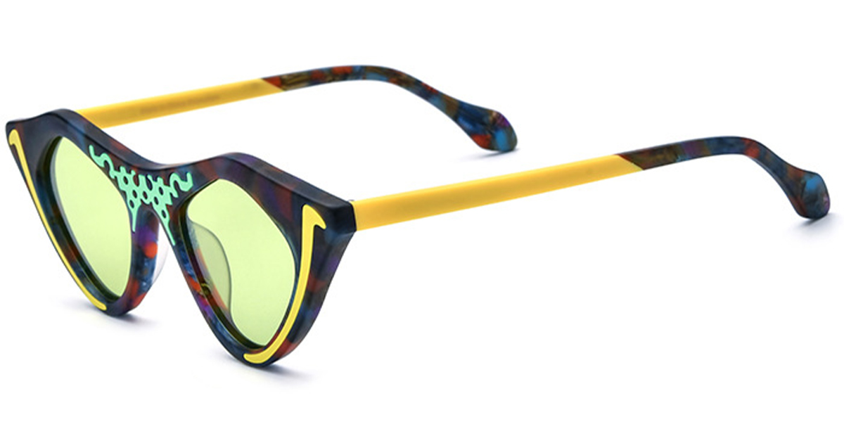 Acetate Cat Eye Geometric Sunglasses pattern-yellow+green_polarized