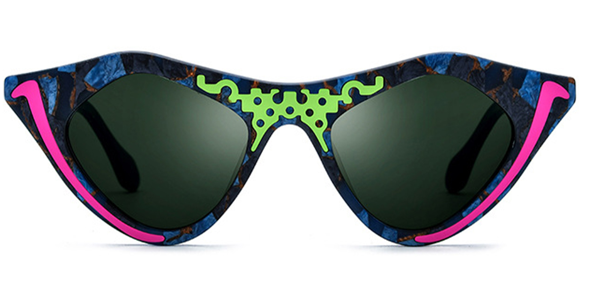 Acetate Cat Eye Geometric Sunglasses pattern-rose+dark_green_polarized