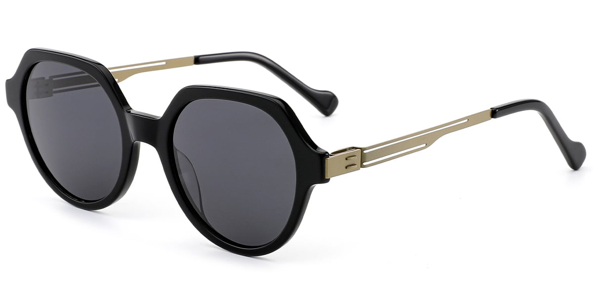 Acetate Round Sunglasses black+dark_grey_polarized