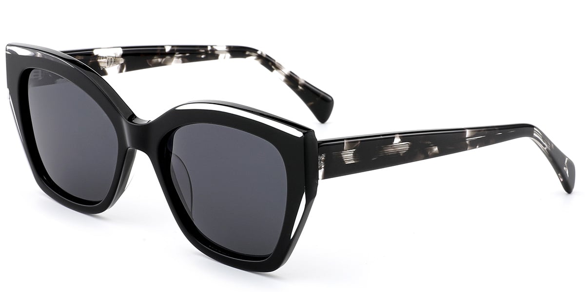 Acetate Cat Eye Sunglasses pattern-black+dark_grey_polarized