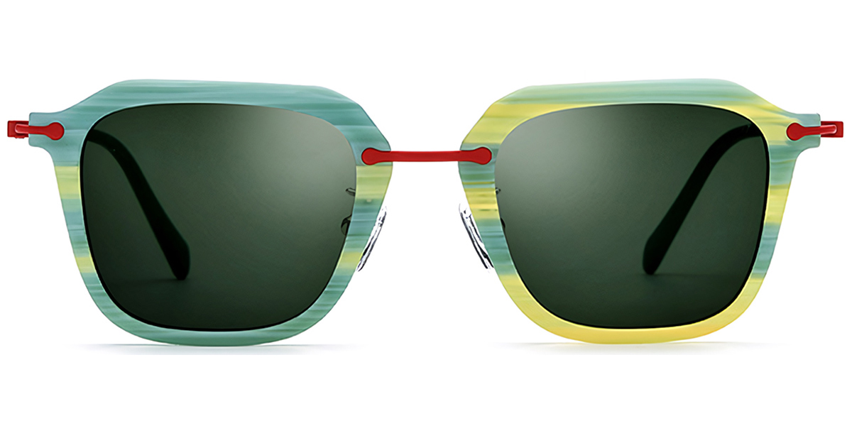 Acetate & Titanium Square Sunglasses pattern-yellow+dark_green_polarized