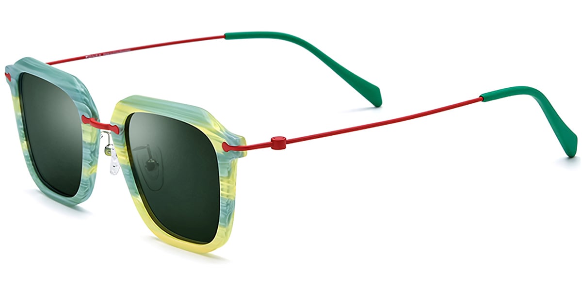 Acetate & Titanium Square Sunglasses pattern-yellow+dark_green_polarized