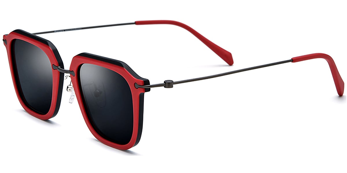 Acetate & Titanium Square Sunglasses pattern-red+dark_grey_polarized