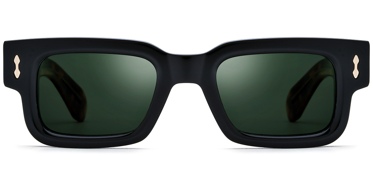 Acetate Rectangle Sunglasses black-gold+dark_green_polarized