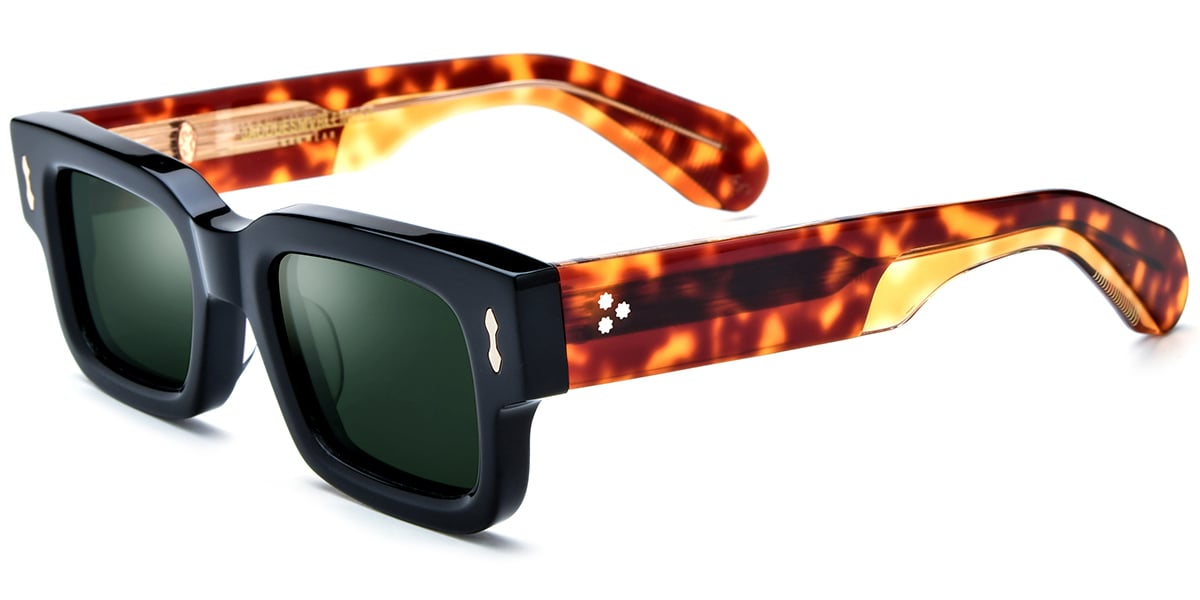 Acetate Rectangle Sunglasses black-gold+dark_green_polarized