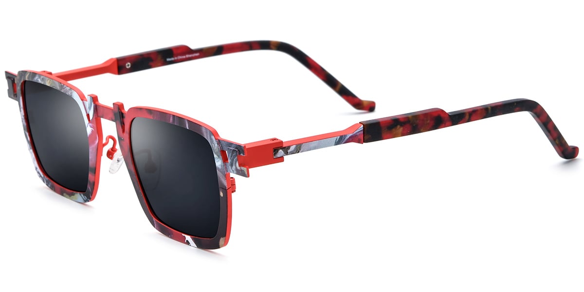 Titanium Rectangle Sunglasses pattern-red+dark_grey_polarized
