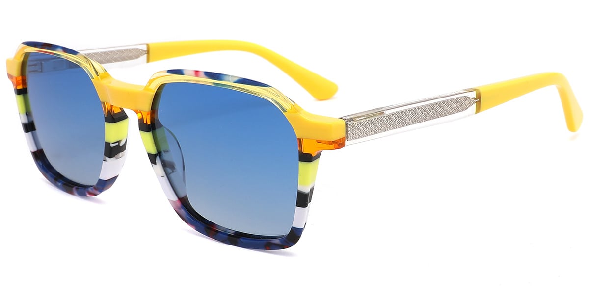 Acetate Rectangle Sunglasses pattern-yellow+gradient_blue_polarized