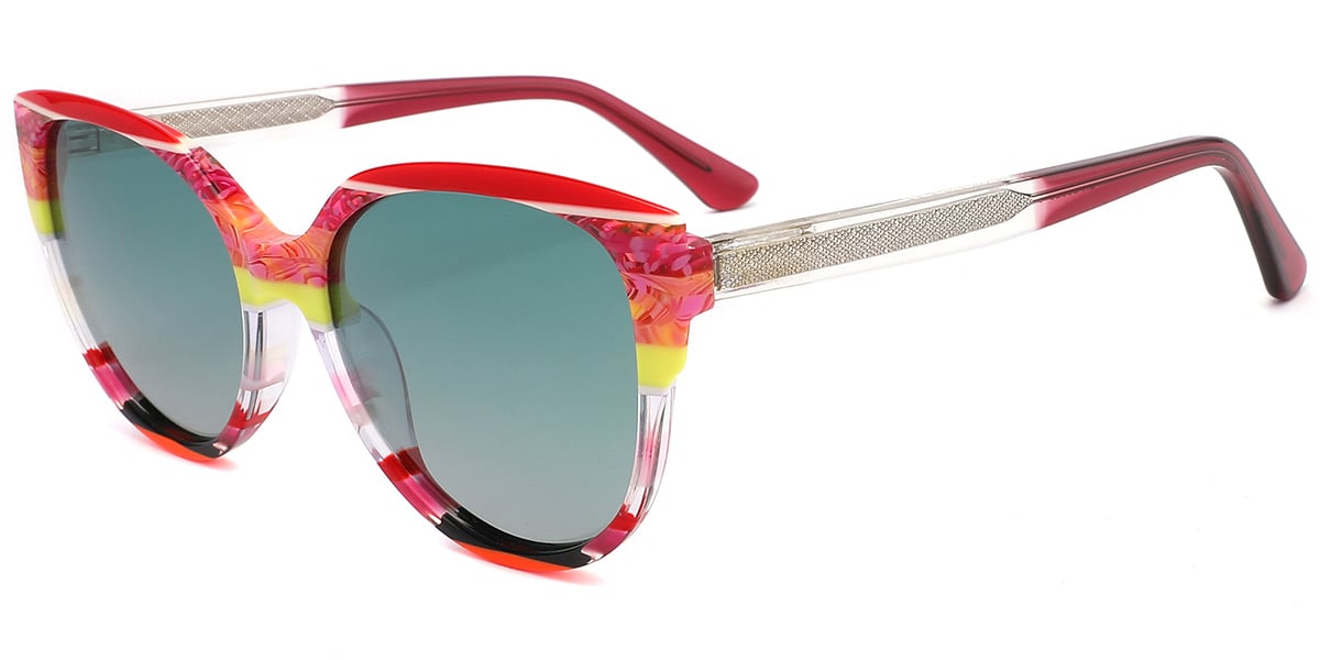 Acetate Cat Eye Sunglasses pattern-red+gradient_green_polarized